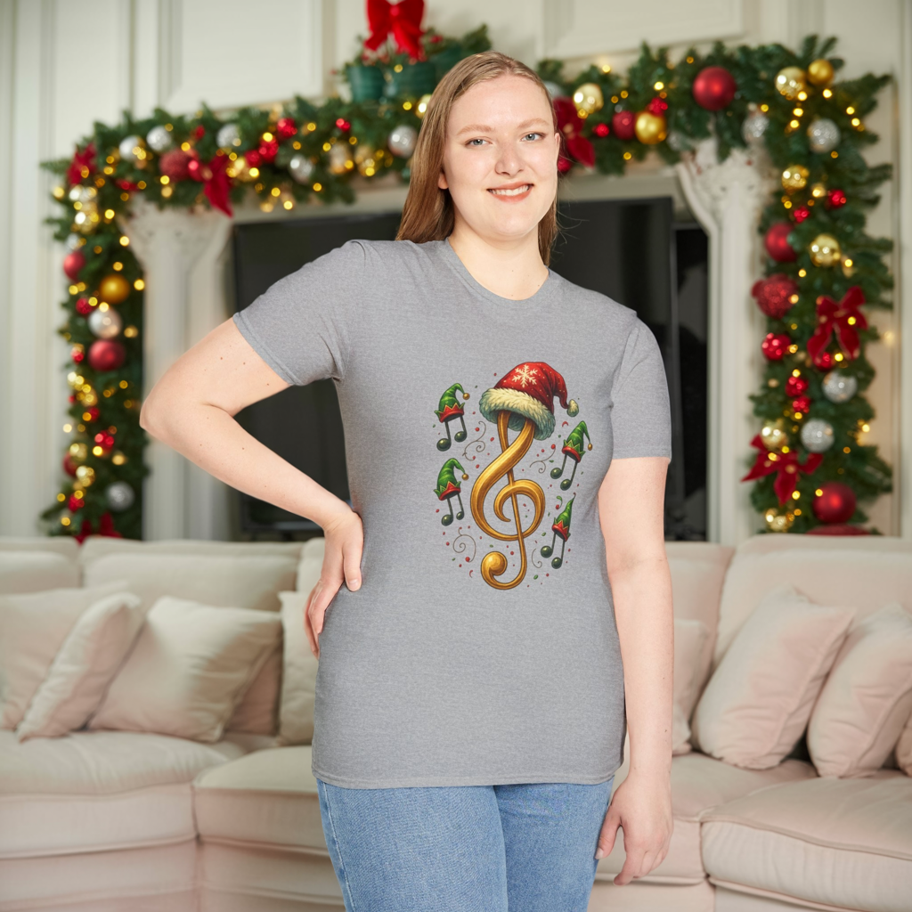 Christmas Music Shirt, Treble Clef Santa Hat Tee, Music Notes Elf Hats Christmas Shirt, Holiday Music Lover Gift, Funny Music Teacher Tee