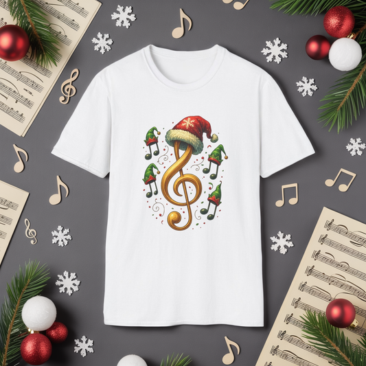 Christmas Music Shirt, Treble Clef Santa Hat Tee, Music Notes Elf Hats Christmas Shirt, Holiday Music Lover Gift, Funny Music Teacher Tee