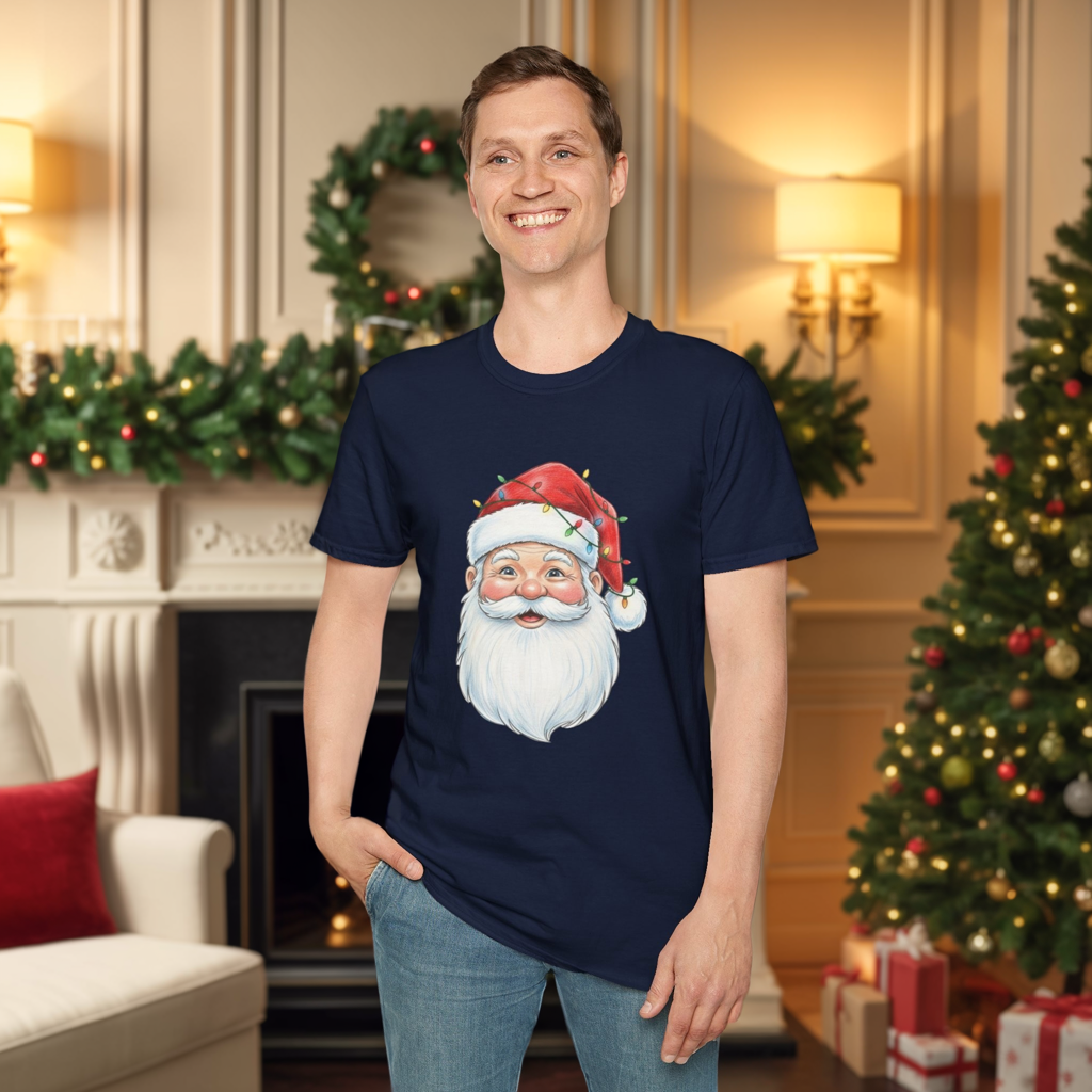 Santa Face Christmas Shirt, Vintage Santa T-Shirt, Santa With Christmas Lights Tee, Cute Christmas Graphic Tee, Holiday Santa Claus Shirt