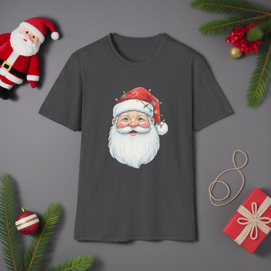 Santa Face Christmas Shirt, Vintage Santa T-Shirt, Santa With Christmas Lights Tee, Cute Christmas Graphic Tee, Holiday Santa Claus Shirt