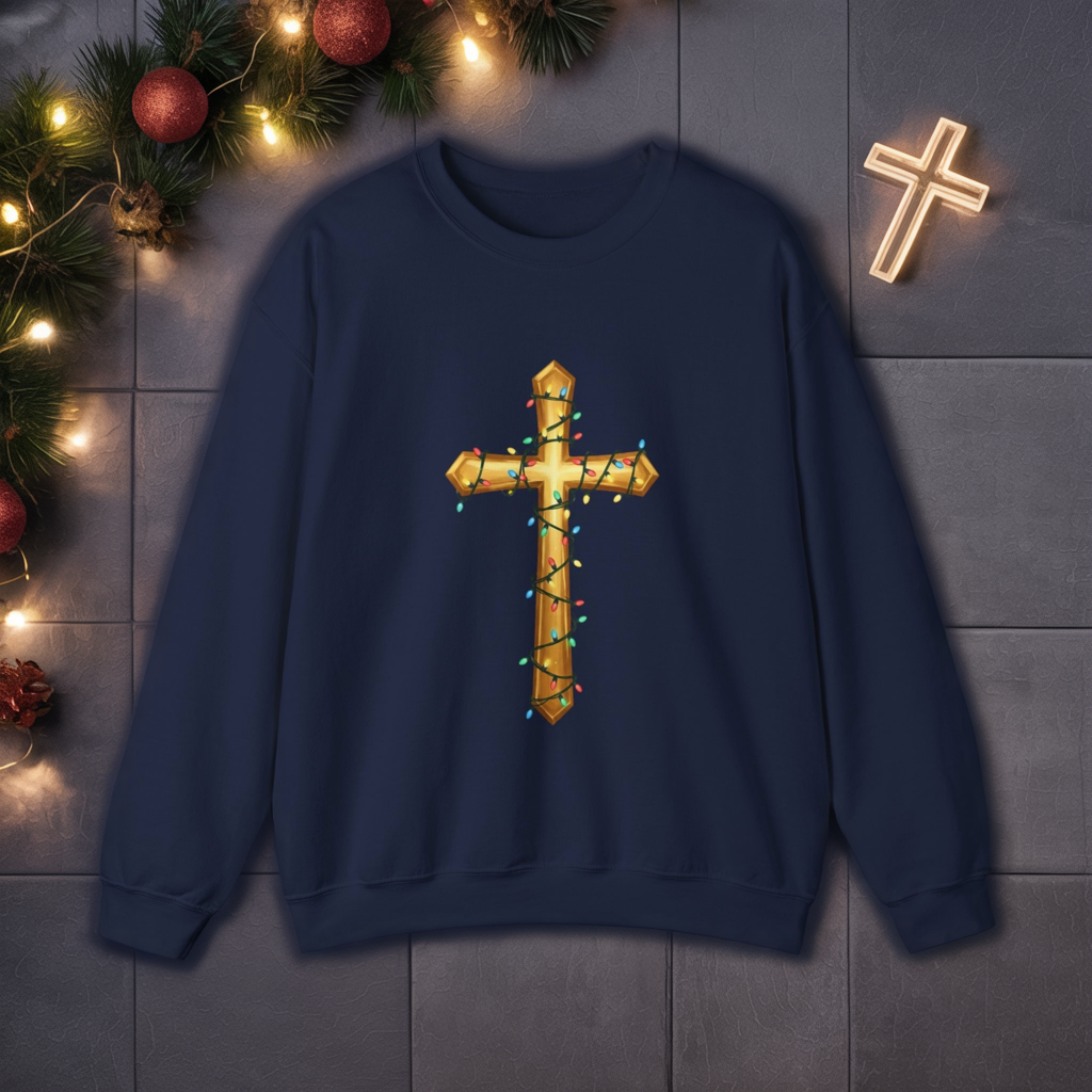 Christmas Cross Lights Sweatshirt, Christian Christmas Sweatshirt, Religious Holiday Cross Sweater, Jesus Christmas Gift, Faith