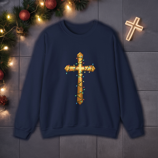 Christmas Cross Lights Sweatshirt, Christian Christmas Sweatshirt, Religious Holiday Cross Sweater, Jesus Christmas Gift, Faith