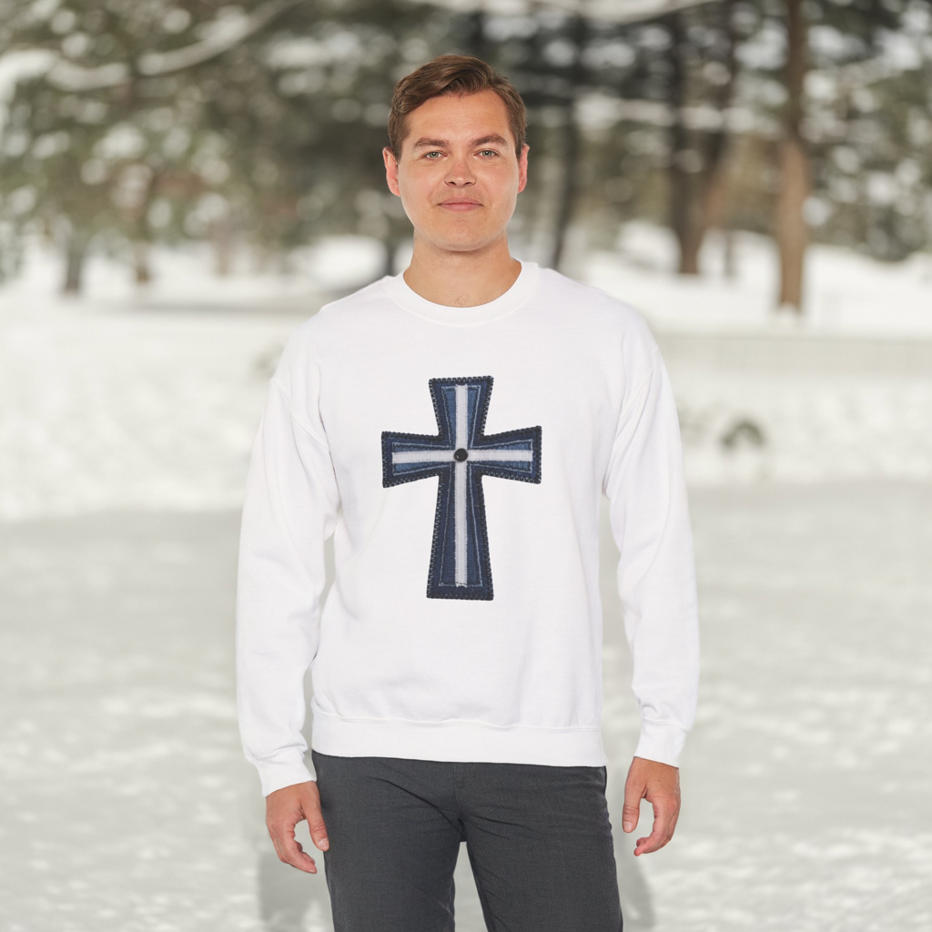 Faux Patchwork Cross Sweatshirt, Christian Patchwork Style Crewneck, Faith Gift for Women Men, Rustic Cross Sweatshirt, Religious Xmas Gift
