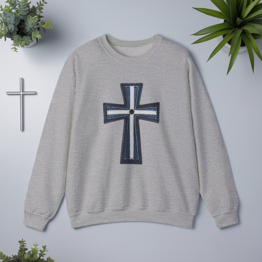 Faux Patchwork Cross Sweatshirt, Christian Patchwork Style Crewneck, Faith Gift for Women Men, Rustic Cross Sweatshirt, Religious Xmas Gift