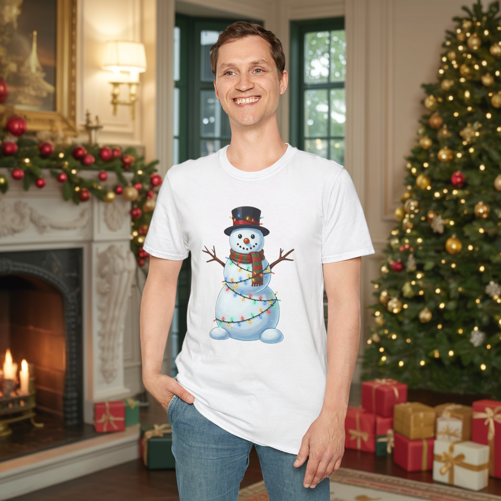 Cute Snowman Christmas Shirt, Snowman Wrapped in Christmas Lights Tee, Holiday Winter Snowman Top Hat Shirt, Funny Cozy Christmas T Shirt