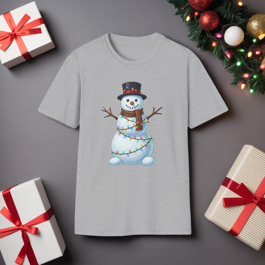 Cute Snowman Christmas Shirt, Snowman Wrapped in Christmas Lights Tee, Holiday Winter Snowman Top Hat Shirt, Funny Cozy Christmas T Shirt