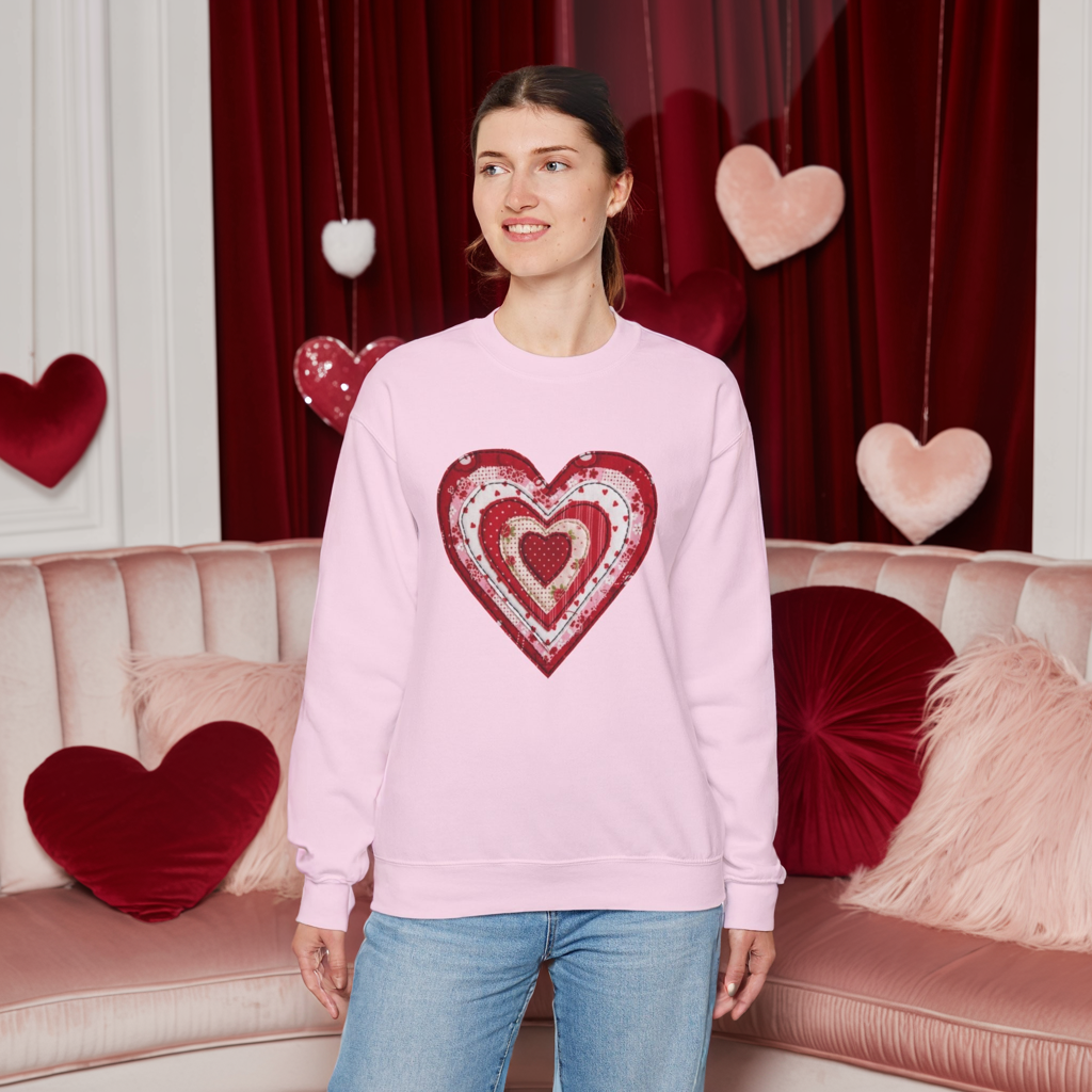 Faux Patchwork Heart Sweatshirt, Valentine Heart Shirt, Cute Valentine Gift, Retro Patchwork Crewneck, Cozy Love Sweater, Boho Heart Top