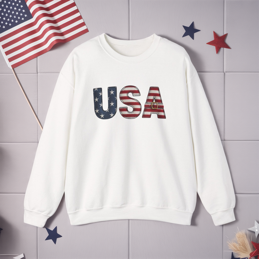 Faux Patchwork USA Sweatshirt, Patriotic Quilt Style Top, Rustic Americana Crewneck, 4th of July Shirt, Country USA Sweater, Vintage Flag Top