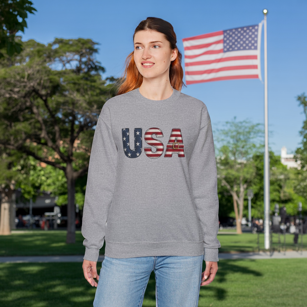 Faux Patchwork USA Sweatshirt, Patriotic Quilt Style Top, Rustic Americana Crewneck, 4th of July Shirt, Country USA Sweater, Vintage Flag Top
