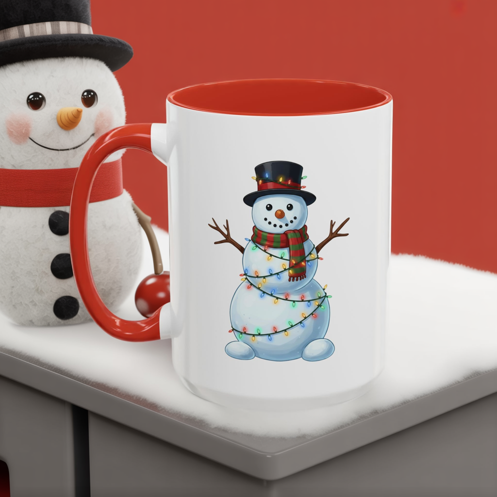 Snowman Christmas Mug, Snowman Wrapped in Lights Mug, Holiday Coffee Cup, Cute Winter Snowman Cup, Christmas Gift Mug, Xmas Cocoa Mug