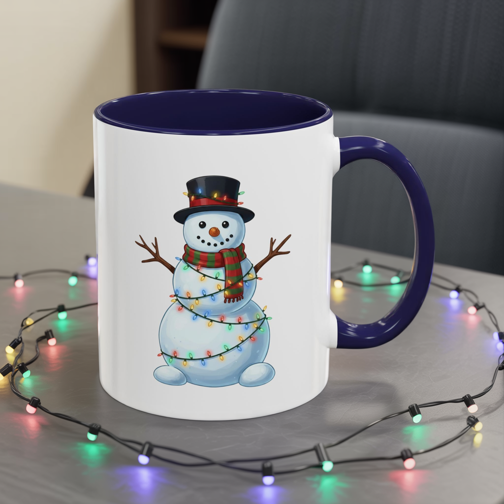Snowman Christmas Mug, Snowman Wrapped in Lights Mug, Holiday Coffee Cup, Cute Winter Snowman Cup, Christmas Gift Mug, Xmas Cocoa Mug