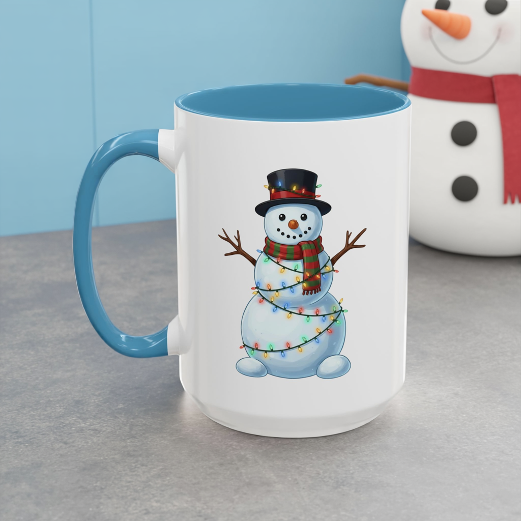 Snowman Christmas Mug, Snowman Wrapped in Lights Mug, Holiday Coffee Cup, Cute Winter Snowman Cup, Christmas Gift Mug, Xmas Cocoa Mug