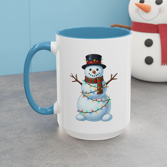 Snowman Christmas Mug, Snowman Wrapped in Lights Mug, Holiday Coffee Cup, Cute Winter Snowman Cup, Christmas Gift Mug, Xmas Cocoa Mug