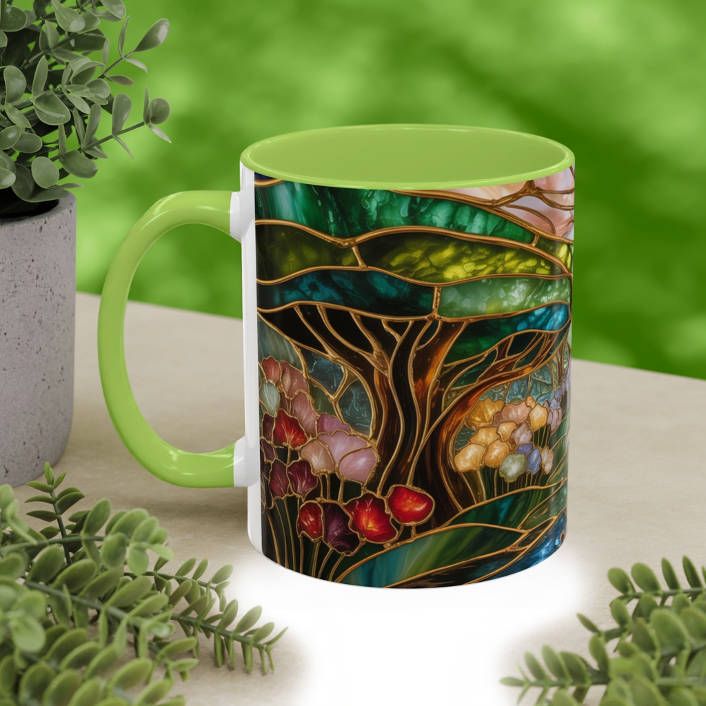 Stained Glass Woodland Forest Mug, Tree & Flowers Coffee Cup, Nature Lover Gift, Artistic Woodland Art Mug, Rustic Home Decor Mug
