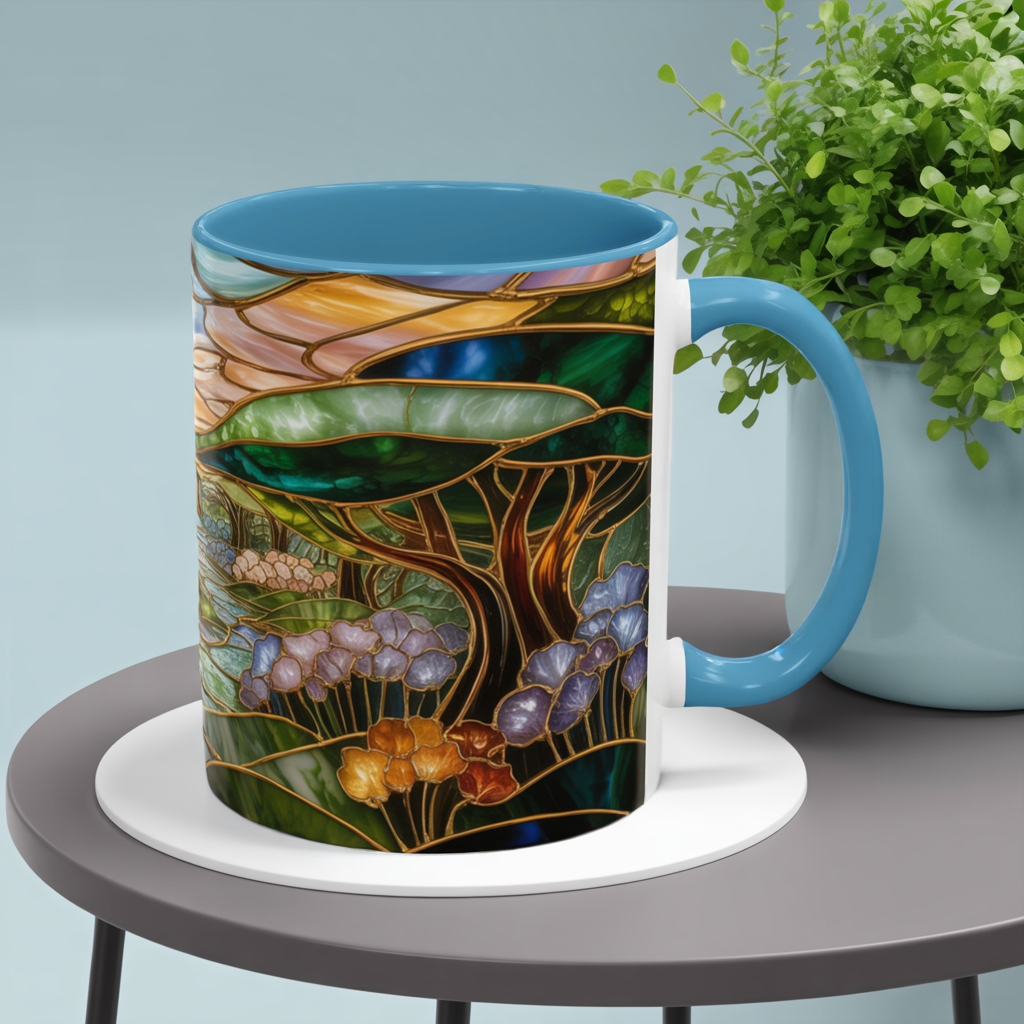 Stained Glass Woodland Forest Mug, Tree & Flowers Coffee Cup, Nature Lover Gift, Artistic Woodland Art Mug, Rustic Home Decor Mug