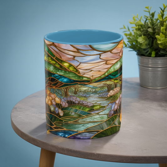 Stained Glass Woodland Forest Mug, Tree & Flowers Coffee Cup, Nature Lover Gift, Artistic Woodland Art Mug, Rustic Home Decor Mug