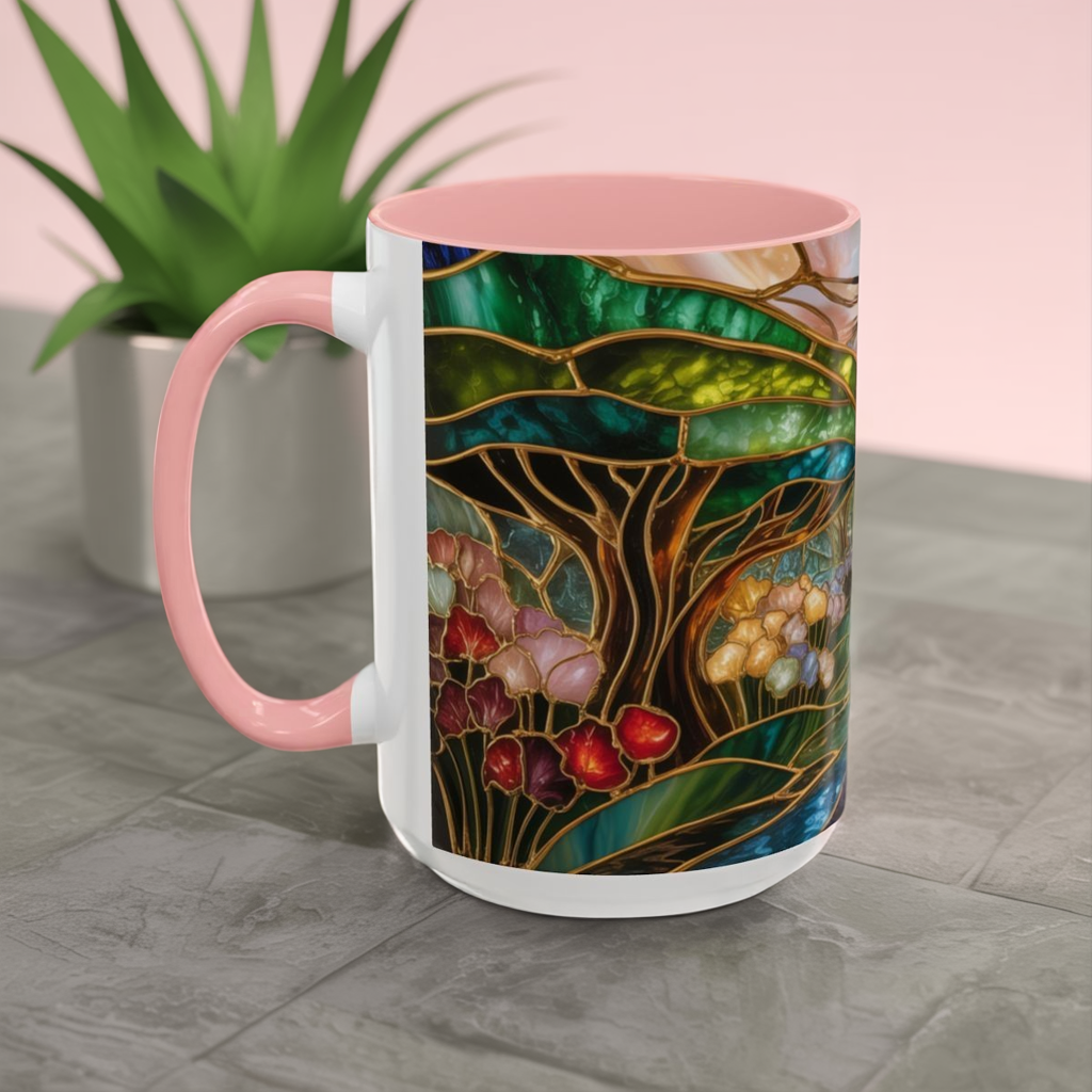 Stained Glass Woodland Forest Mug, Tree & Flowers Coffee Cup, Nature Lover Gift, Artistic Woodland Art Mug, Rustic Home Decor Mug