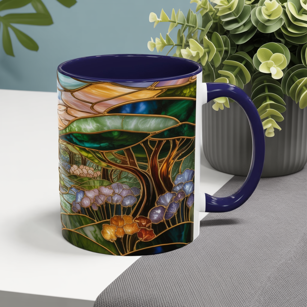 Stained Glass Woodland Forest Mug, Tree & Flowers Coffee Cup, Nature Lover Gift, Artistic Woodland Art Mug, Rustic Home Decor Mug