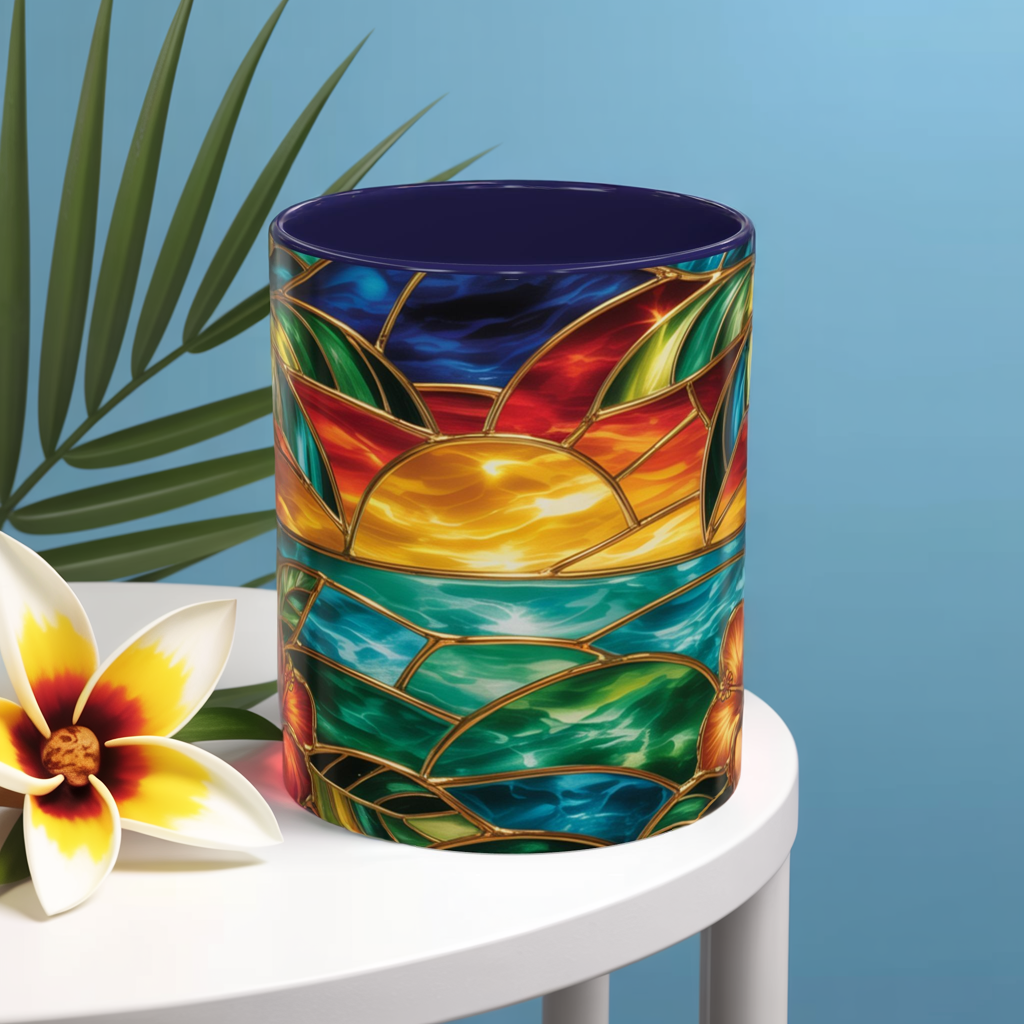 Stained Glass Tropical Sunset Mug, Hibiscus Flower Coffee Cup, Beach Lover Gift, Colorful Palm Tree Mug, Coastal Art Drinkware, Summer Cup
