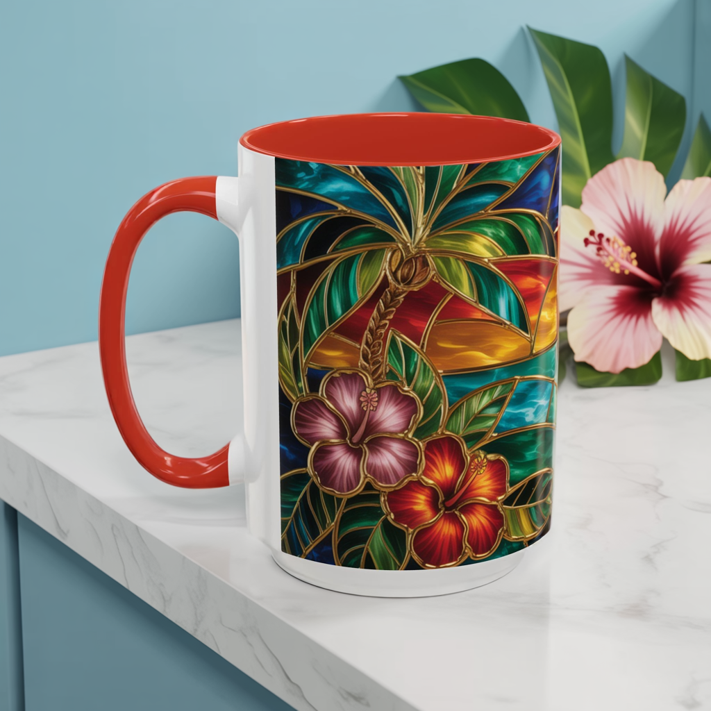 Stained Glass Tropical Sunset Mug, Hibiscus Flower Coffee Cup, Beach Lover Gift, Colorful Palm Tree Mug, Coastal Art Drinkware, Summer Cup