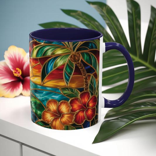 Stained Glass Tropical Sunset Mug, Hibiscus Flower Coffee Cup, Beach Lover Gift, Colorful Palm Tree Mug, Coastal Art Drinkware, Summer Cup