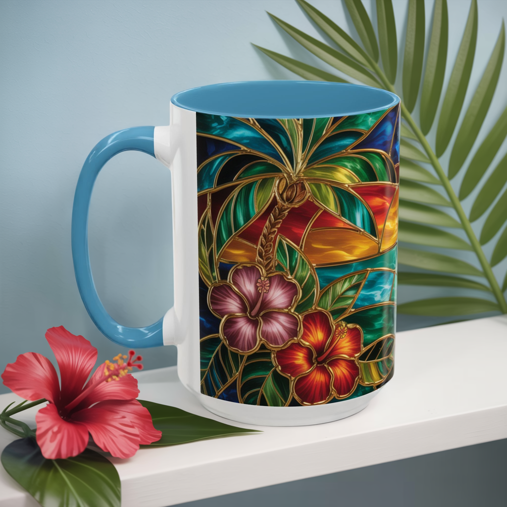 Stained Glass Tropical Sunset Mug, Hibiscus Flower Coffee Cup, Beach Lover Gift, Colorful Palm Tree Mug, Coastal Art Drinkware, Summer Cup