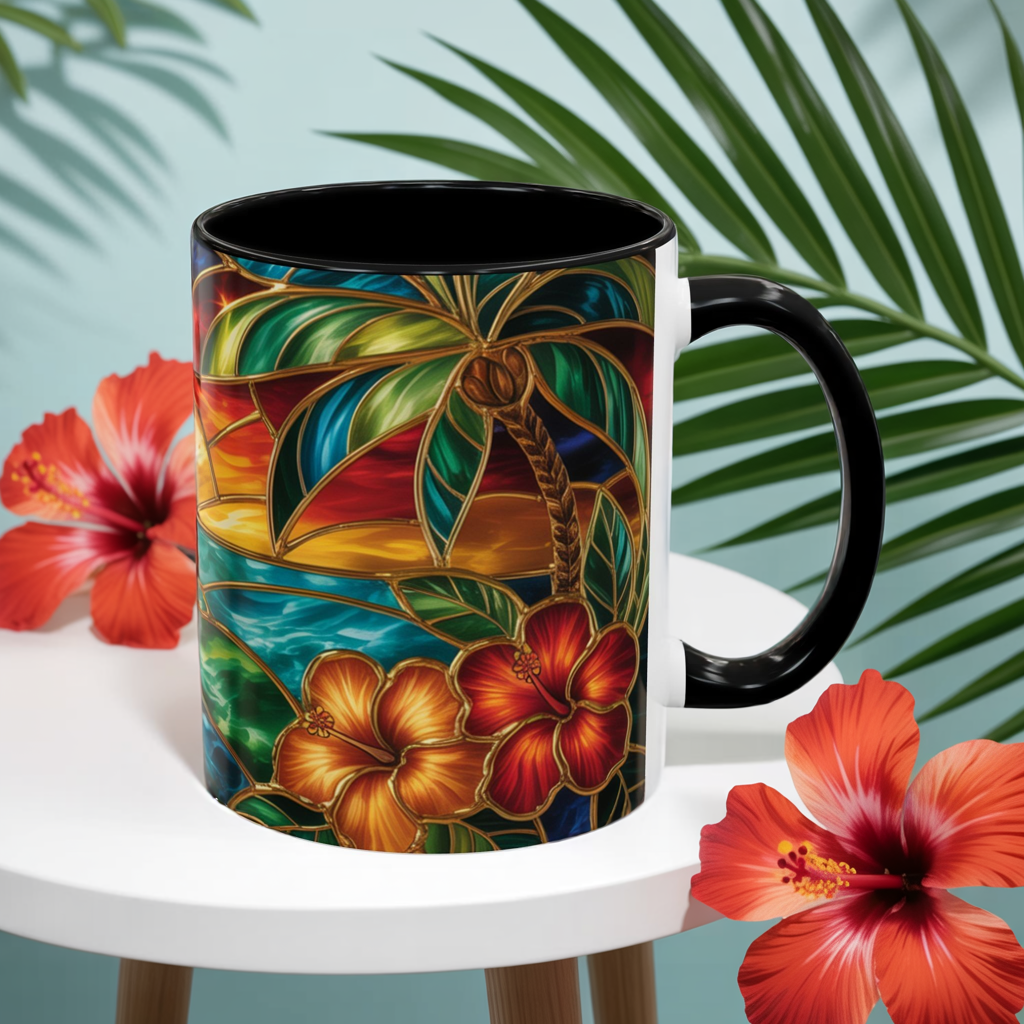 Stained Glass Tropical Sunset Mug, Hibiscus Flower Coffee Cup, Beach Lover Gift, Colorful Palm Tree Mug, Coastal Art Drinkware, Summer Cup