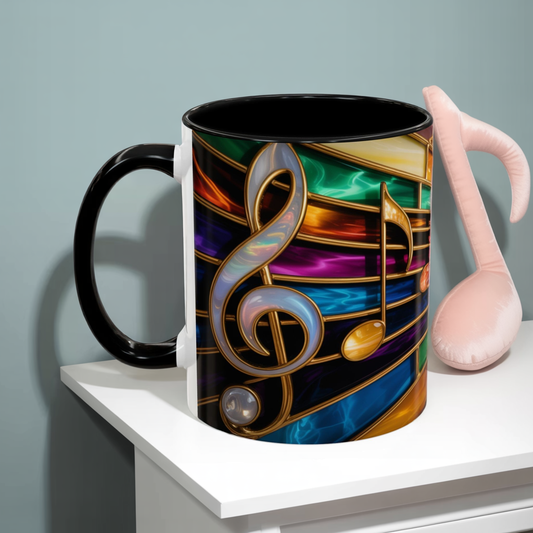 Stained glass music mug, musical notes coffee cup, colorful musician gift mug, music lover present, treble clef art mug, music teacher gift
