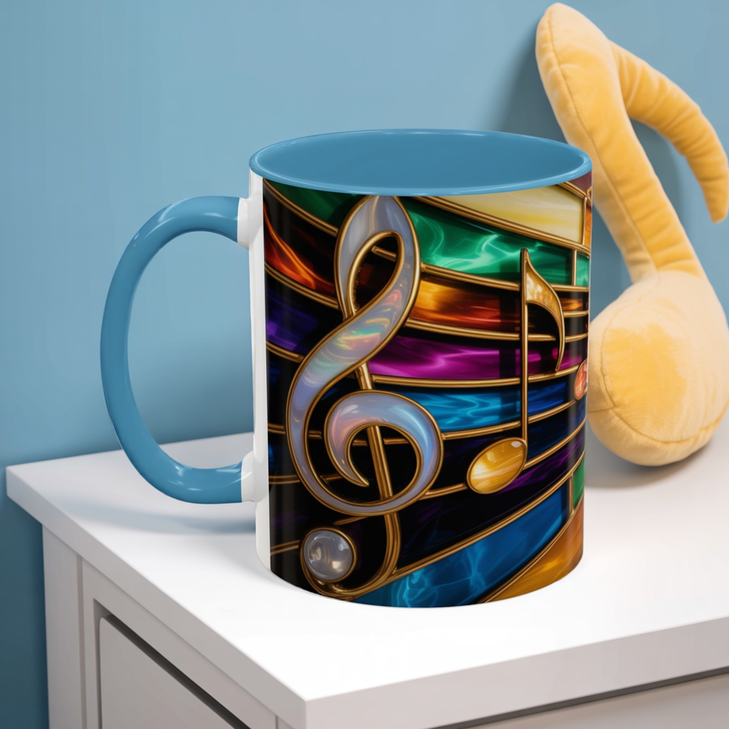 Stained glass music mug, musical notes coffee cup, colorful musician gift mug, music lover present, treble clef art mug, music teacher gift