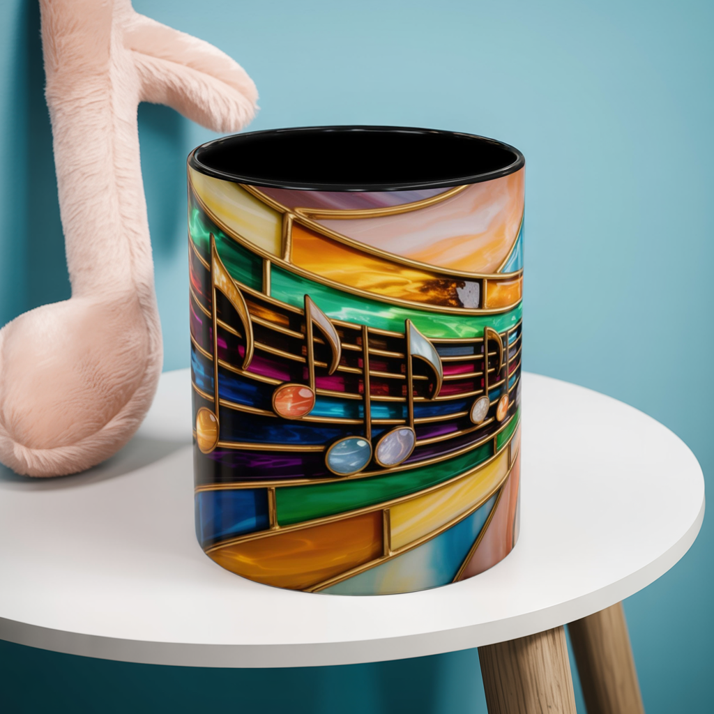 Stained glass music mug, musical notes coffee cup, colorful musician gift mug, music lover present, treble clef art mug, music teacher gift