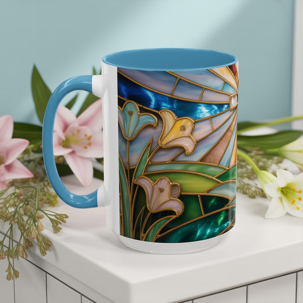 Stained Glass Cross Mug, Christian Coffee Cup, Faith Gift Mug, Religious Art Mug, Floral Church Mug, Inspirational Faith Cup, Easter Gift