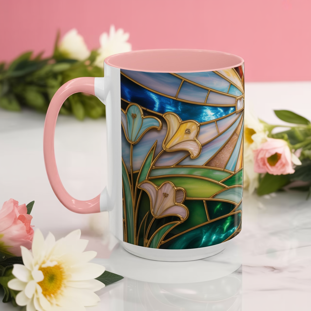 Stained Glass Cross Mug, Christian Coffee Cup, Faith Gift Mug, Religious Art Mug, Floral Church Mug, Inspirational Faith Cup, Easter Gift