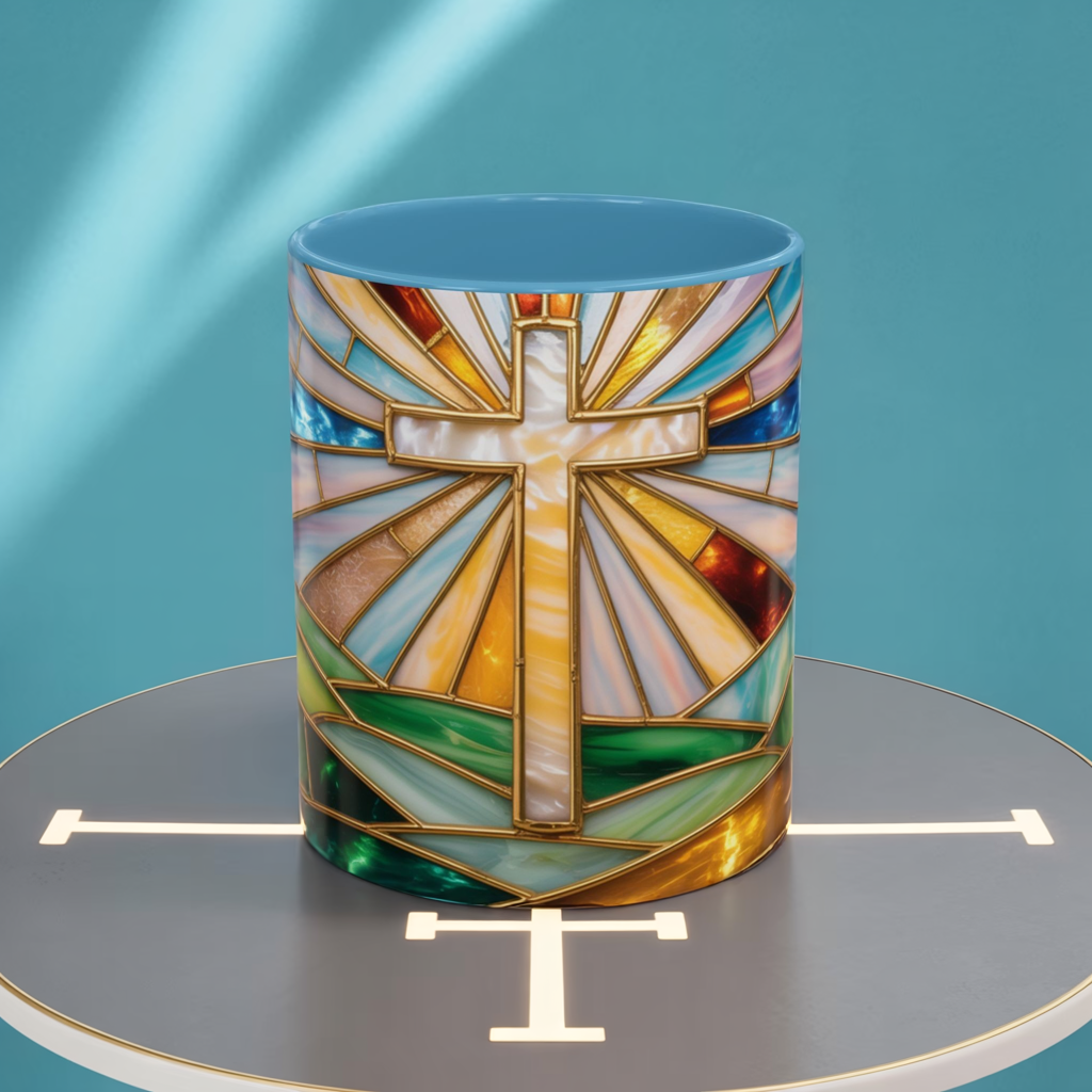 Stained Glass Cross Mug, Christian Coffee Cup, Faith Gift Mug, Religious Art Mug, Floral Church Mug, Inspirational Faith Cup, Easter Gift