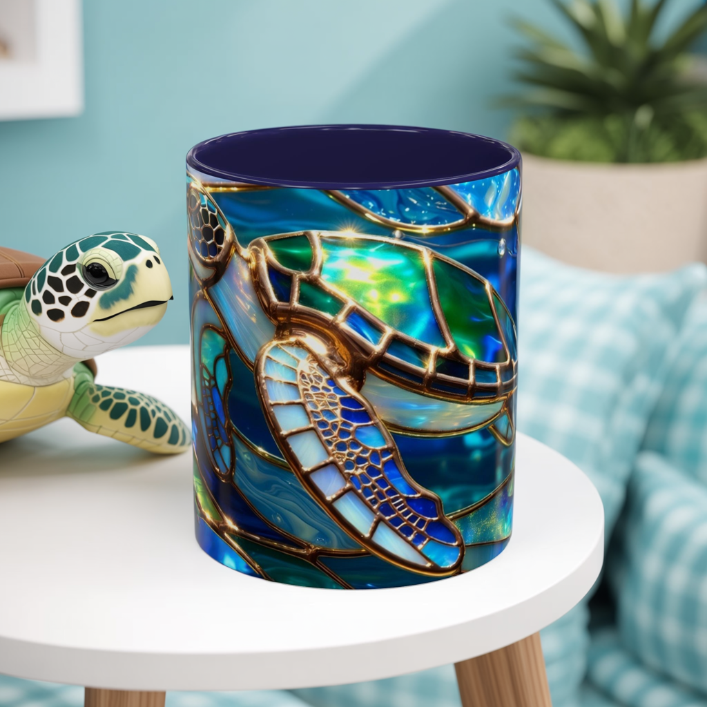 Stained Glass Sea Turtle Mug, Ocean Turtle Coffee Cup, Coastal Beach Mug Gift, Marine Life Art Cup, Sea Lover Gift, Ocean Wildlife Mug