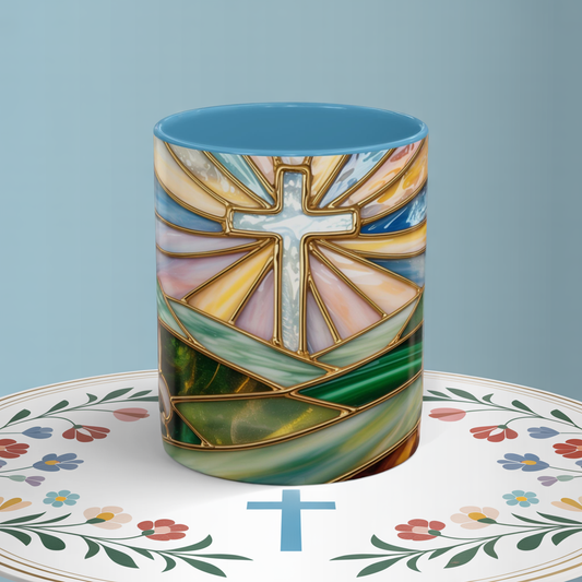 Stained Glass Cross Christian Mug • Inspirational Religious Coffee Cup • Colorful Faith Gift • Bible Verse Style Art • 11oz & 15oz