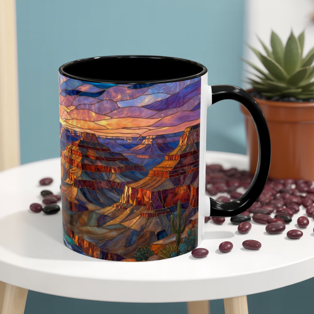 Stained Glass Grand Canyon Mug, Southwest Landscape Coffee Cup, Sunset Canyon Art Mug, Nature Gift For Hikers, Colorful Scenic Grand Canyon Illustration