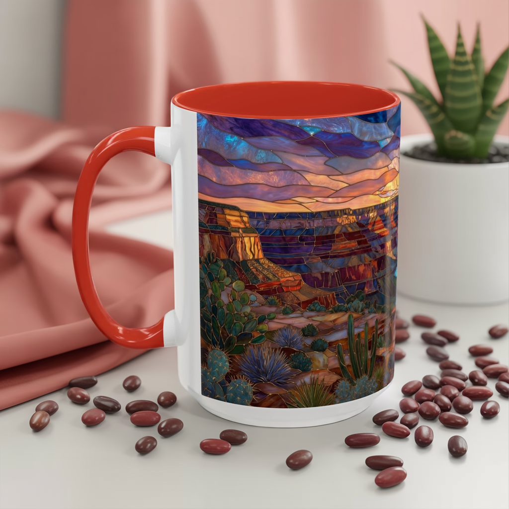 Stained Glass Grand Canyon Mug, Southwest Landscape Coffee Cup, Sunset Canyon Art Mug, Nature Gift For Hikers, Colorful Scenic Grand Canyon Illustration