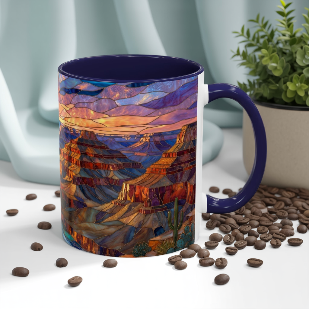 Stained Glass Grand Canyon Mug, Southwest Landscape Coffee Cup, Sunset Canyon Art Mug, Nature Gift For Hikers, Colorful Scenic Grand Canyon Illustration