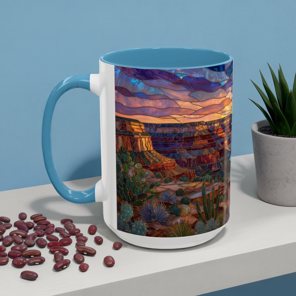 Stained Glass Grand Canyon Mug, Southwest Landscape Coffee Cup, Sunset Canyon Art Mug, Nature Gift For Hikers, Colorful Scenic Grand Canyon Illustration