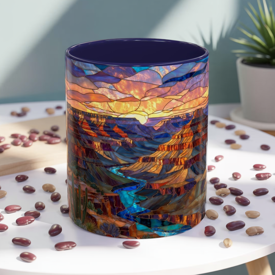 Stained Glass Grand Canyon Mug, Southwest Landscape Coffee Cup, Sunset Canyon Art Mug, Nature Gift For Hikers, Colorful Scenic Grand Canyon Illustration