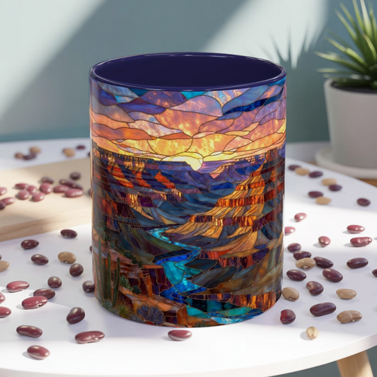 Stained Glass Grand Canyon Mug, Southwest Landscape Coffee Cup, Sunset Canyon Art Mug, Nature Gift For Hikers, Colorful Scenic Grand Canyon Illustration