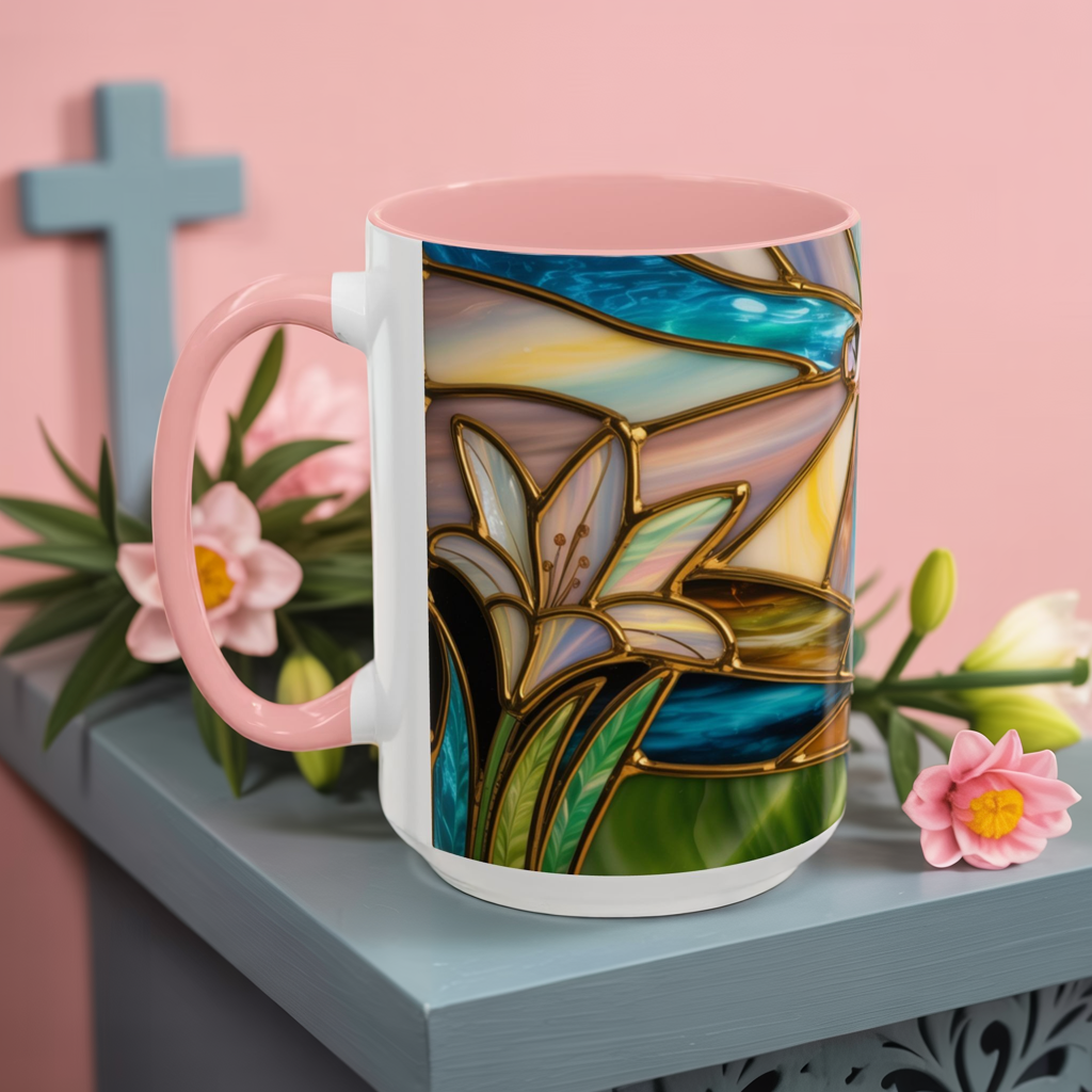 Stained Glass Cross Mug, Christian Sunrise Coffee Cup, Religious Floral Art Mug, Inspirational Faith Gift For Women, Colorful Stained Glass Design