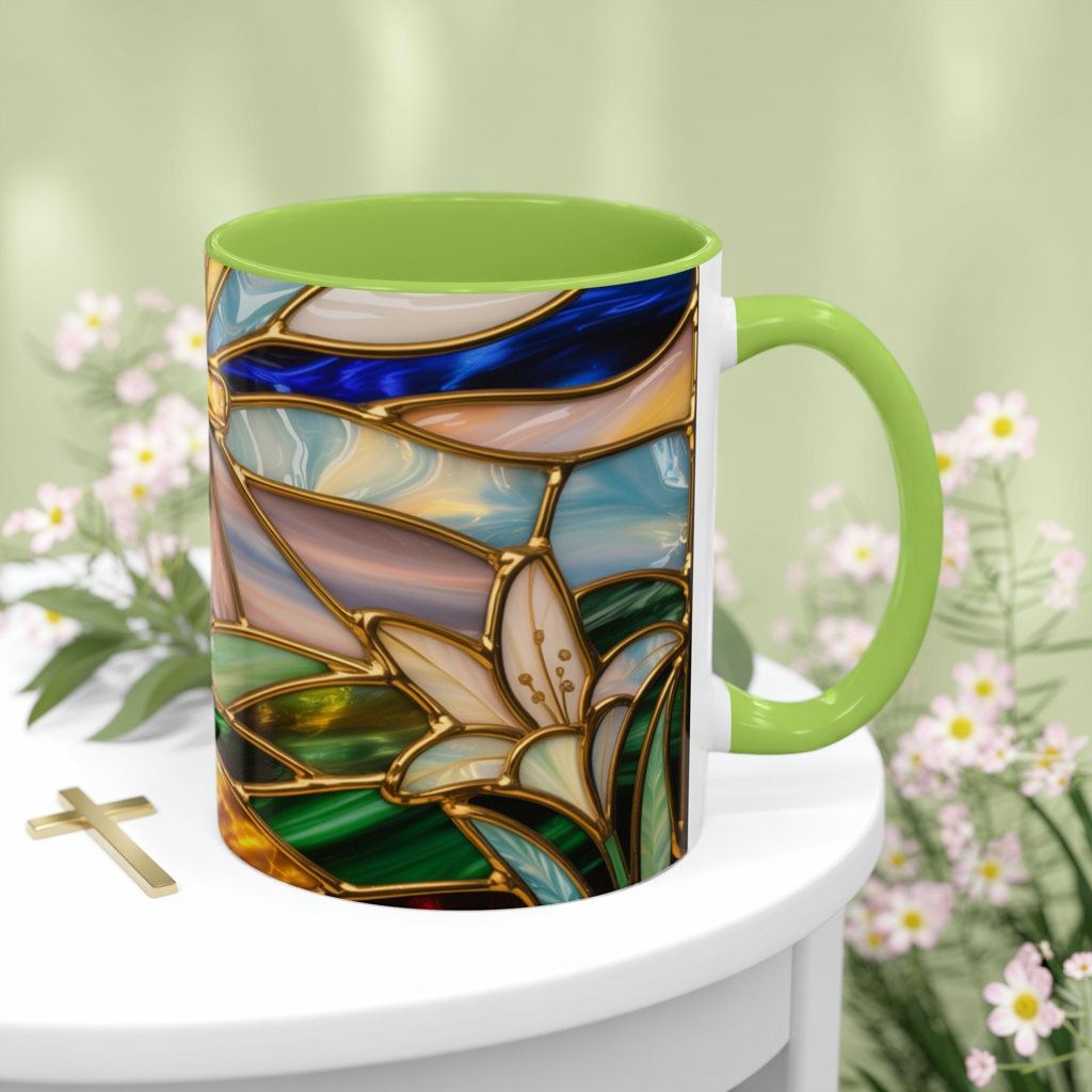 Stained Glass Cross Mug, Christian Sunrise Coffee Cup, Religious Floral Art Mug, Inspirational Faith Gift For Women, Colorful Stained Glass Design