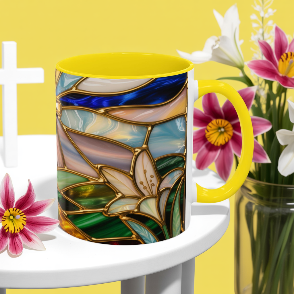 Stained Glass Cross Mug, Christian Sunrise Coffee Cup, Religious Floral Art Mug, Inspirational Faith Gift For Women, Colorful Stained Glass Design