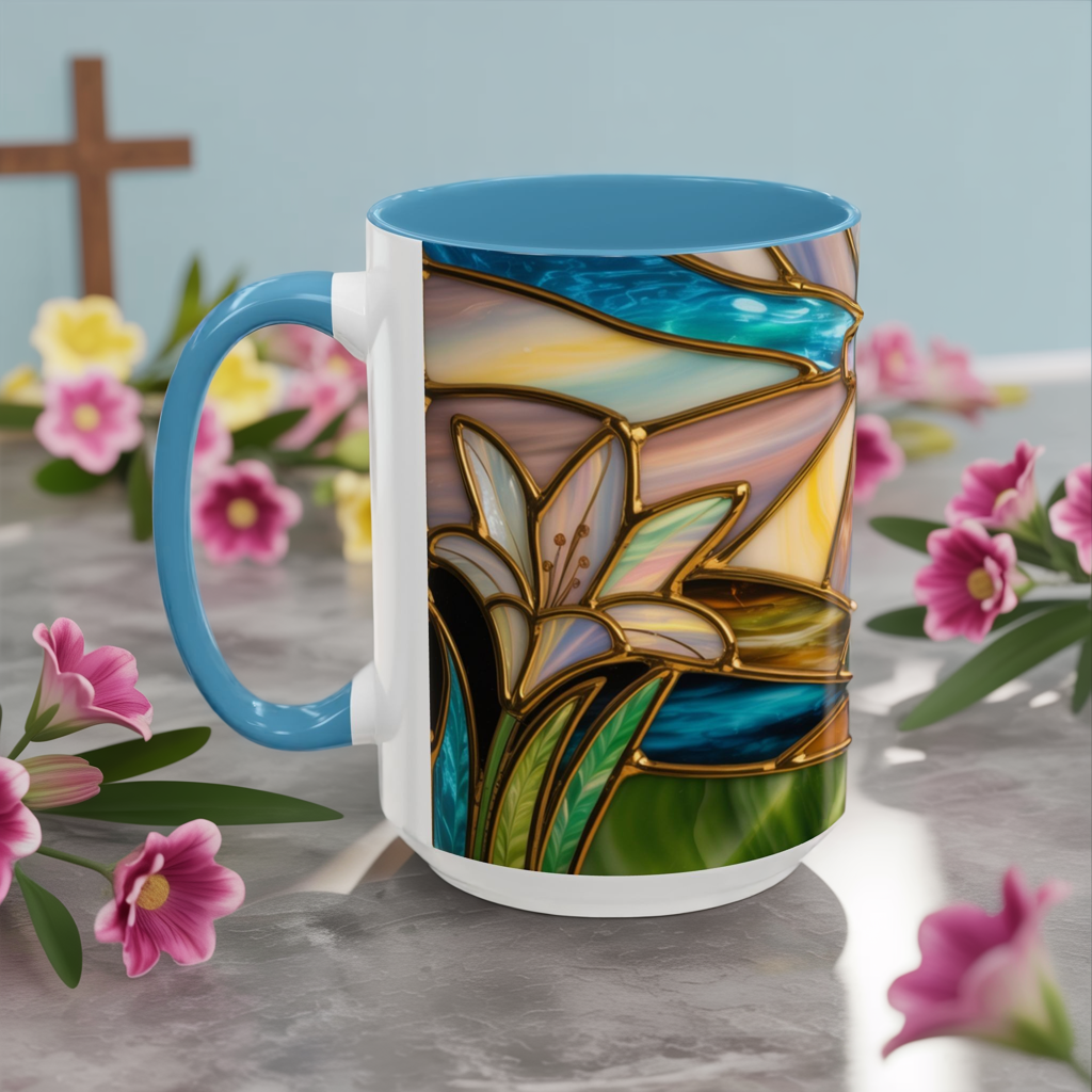 Stained Glass Cross Mug, Christian Sunrise Coffee Cup, Religious Floral Art Mug, Inspirational Faith Gift For Women, Colorful Stained Glass Design