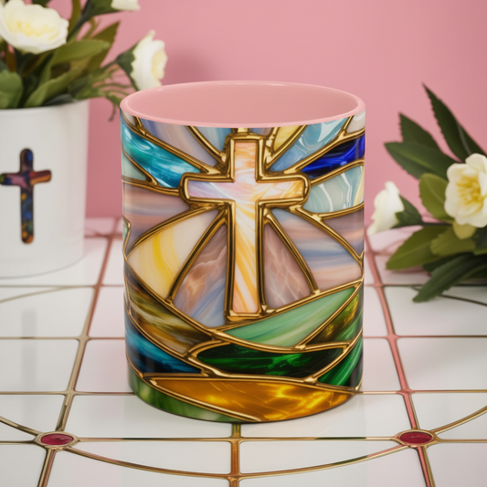 Stained Glass Cross Mug, Christian Sunrise Coffee Cup, Religious Floral Art Mug, Inspirational Faith Gift For Women, Colorful Stained Glass Design