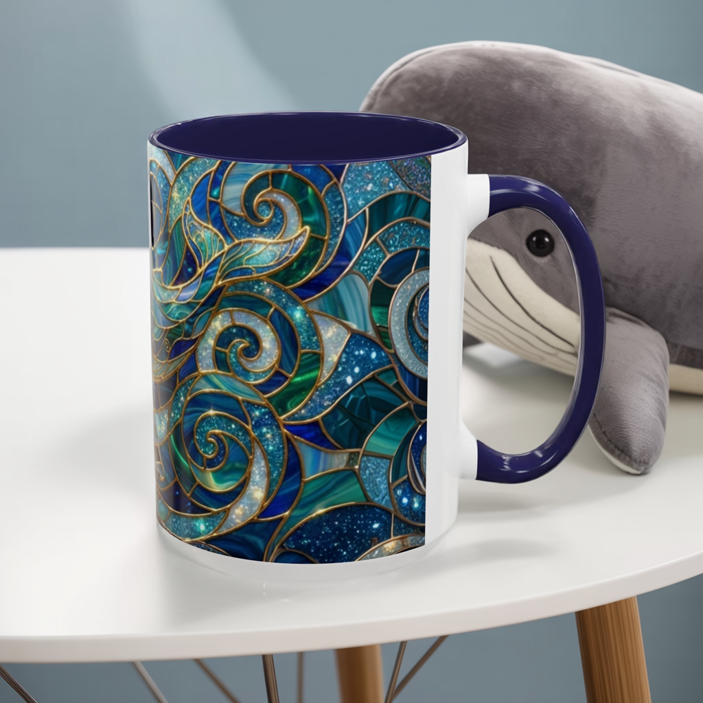 Stained Glass Whale Mug, Ocean Art Coffee Cup, Blue Sea Life Design, Nautical Gift For Ocean Lovers, Colorful Stained Glass Whale Cup