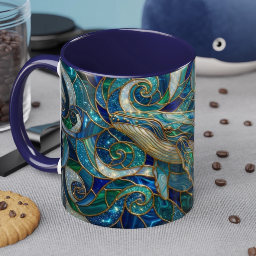 Stained Glass Whale Mug, Ocean Art Coffee Cup, Blue Sea Life Design, Nautical Gift For Ocean Lovers, Colorful Stained Glass Whale Cup