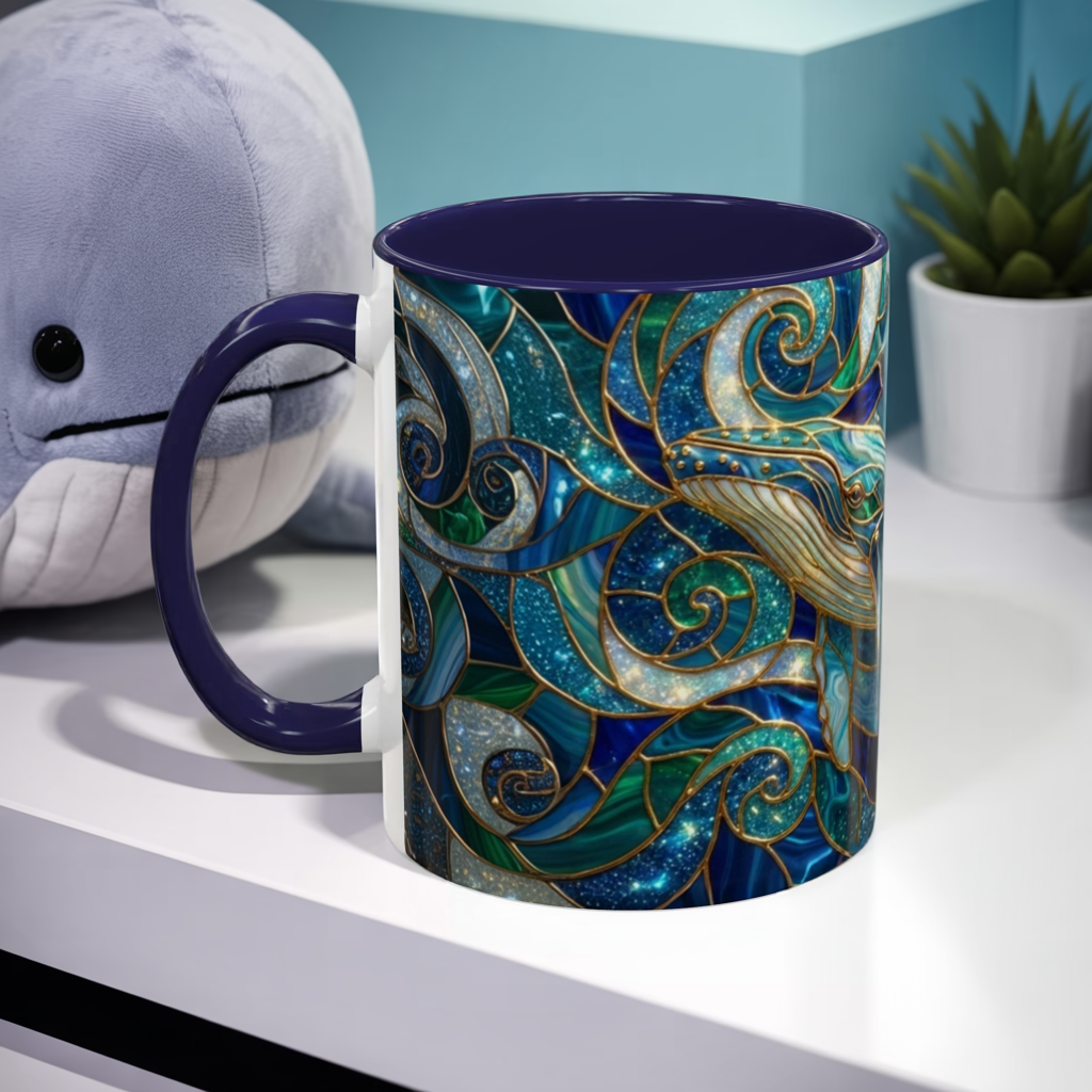 Stained Glass Whale Mug, Ocean Art Coffee Cup, Blue Sea Life Design, Nautical Gift For Ocean Lovers, Colorful Stained Glass Whale Cup