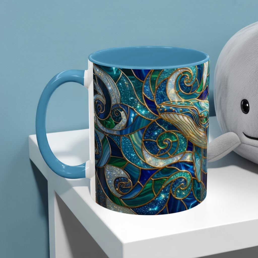 Stained Glass Whale Mug, Ocean Art Coffee Cup, Blue Sea Life Design, Nautical Gift For Ocean Lovers, Colorful Stained Glass Whale Cup